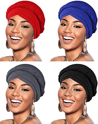 4 Парчиња Африканските Жени Turban Капа Beaded Headscarf Beanie Извртени Плетенка Заврши Шапка Faux Бисер Headwrap