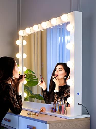 LUXFURNI Суета Шминка Огледало со Светла, Големи Холивудски Запалени Огледало со 16 LED Светилки за соблекувалната & Спалната